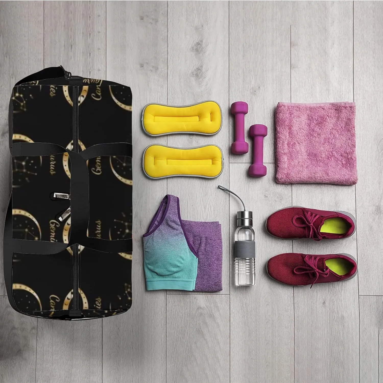 Sports Gym Bag for Women and Men Waterproof Gold Zodiac Constellations Wreath of Moon Stars Duffel Bag Lightweight Carryon Traveling Boarding Gripsack