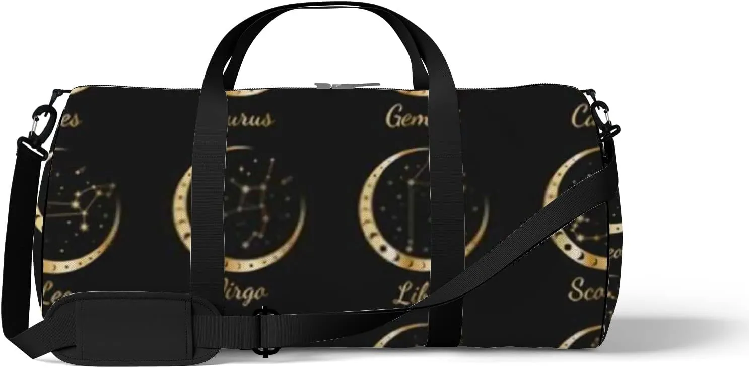 Sports Gym Bag for Women and Men Waterproof Gold Zodiac Constellations Wreath of Moon Stars Duffel Bag Lightweight Carryon Traveling Boarding Gripsack