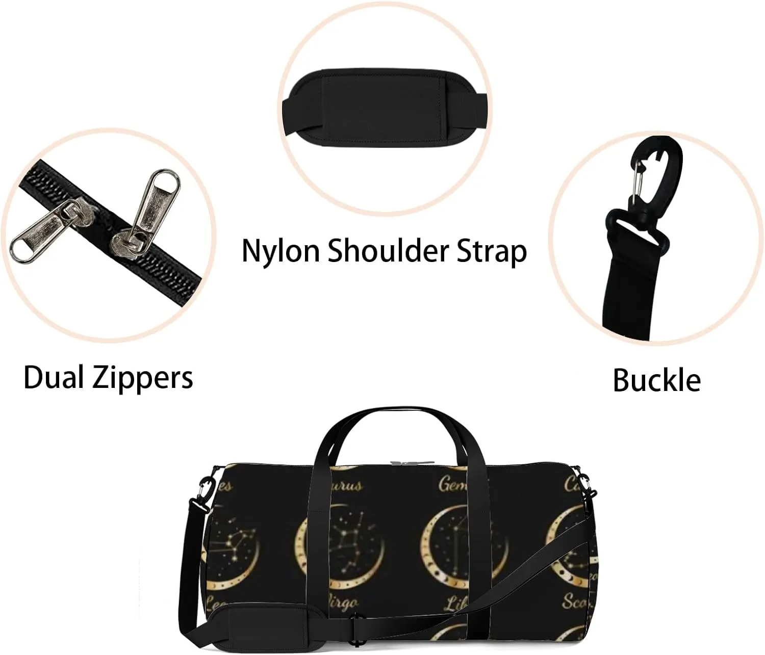 Sports Gym Bag for Women and Men Waterproof Gold Zodiac Constellations Wreath of Moon Stars Duffel Bag Lightweight Carryon Traveling Boarding Gripsack