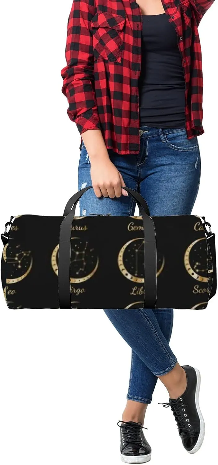 Sports Gym Bag for Women and Men Waterproof Gold Zodiac Constellations Wreath of Moon Stars Duffel Bag Lightweight Carryon Traveling Boarding Gripsack