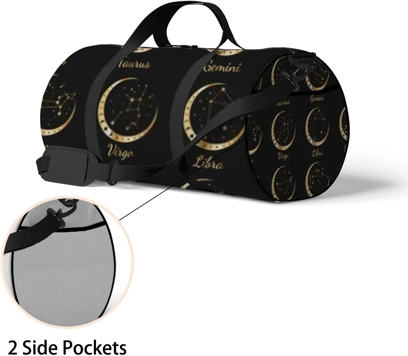 Sports Gym Bag for Women and Men Waterproof Gold Zodiac Constellations Wreath of Moon Stars Duffel Bag Lightweight Carryon Traveling Boarding Gripsack