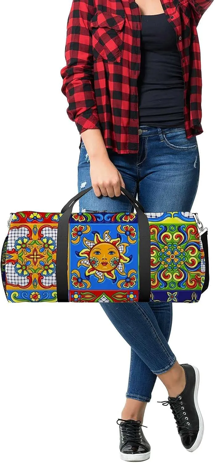 Sports Gym Bag for Women and Men Waterproof Mexican Talavera Pattern Duffel Bag Lightweight Carryon Traveling Boarding Gripsack