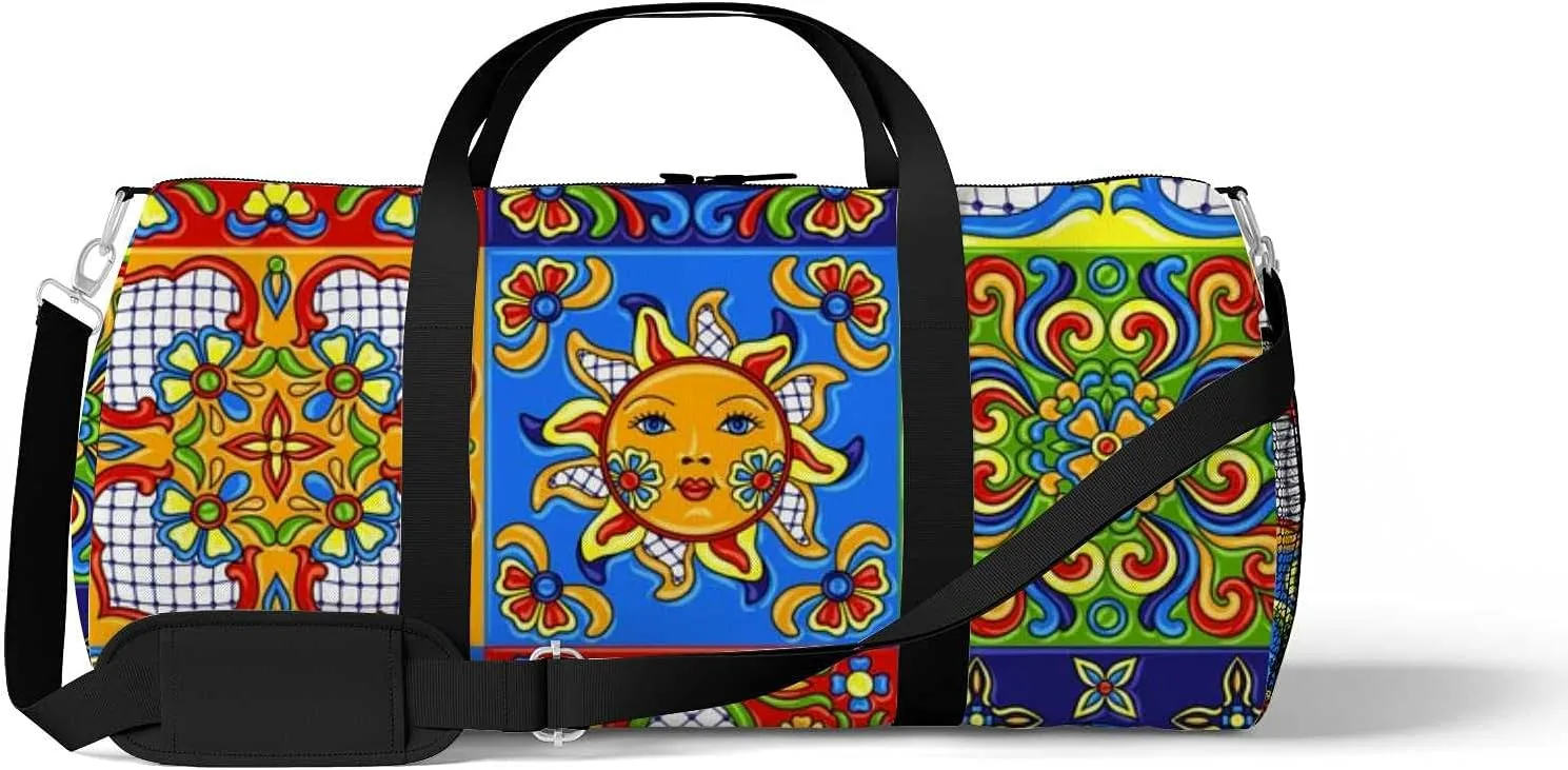 Sports Gym Bag for Women and Men Waterproof Mexican Talavera Pattern Duffel Bag Lightweight Carryon Traveling Boarding Gripsack