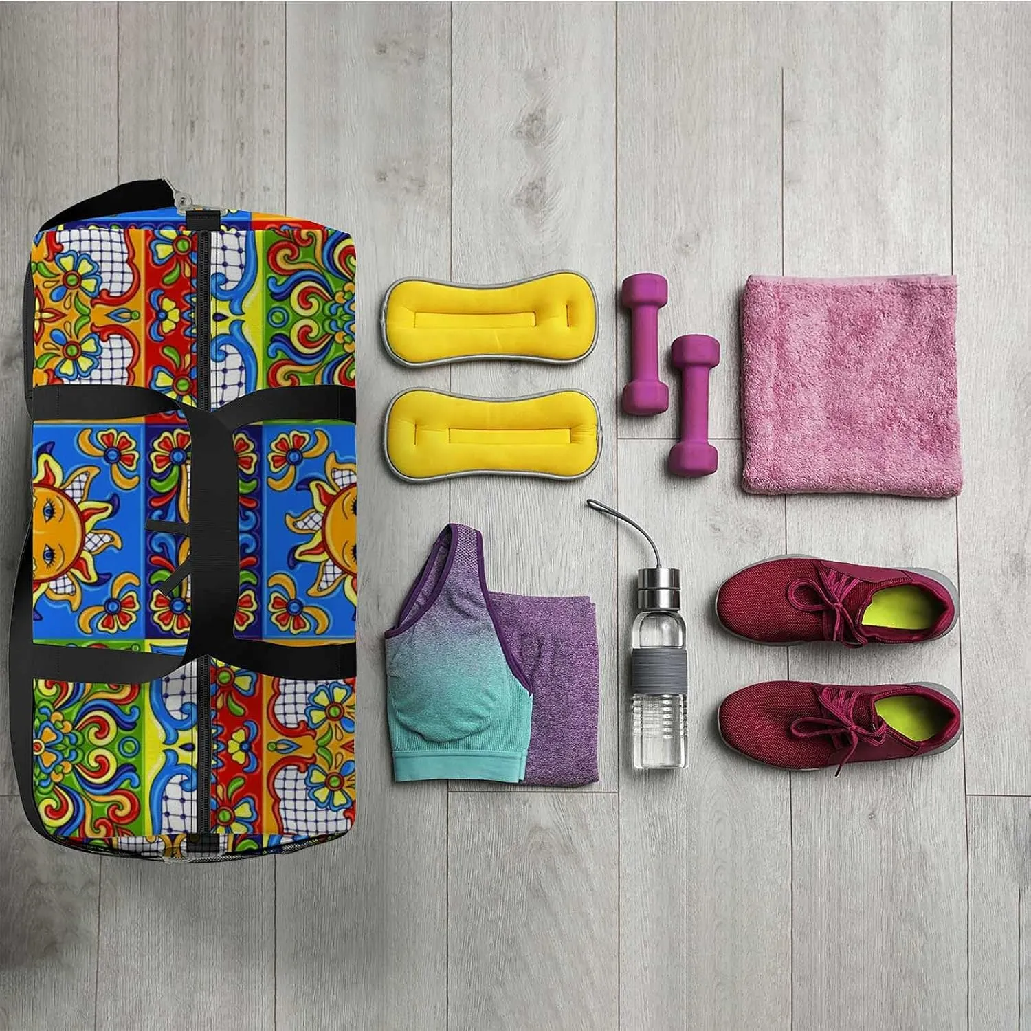 Sports Gym Bag for Women and Men Waterproof Mexican Talavera Pattern Duffel Bag Lightweight Carryon Traveling Boarding Gripsack