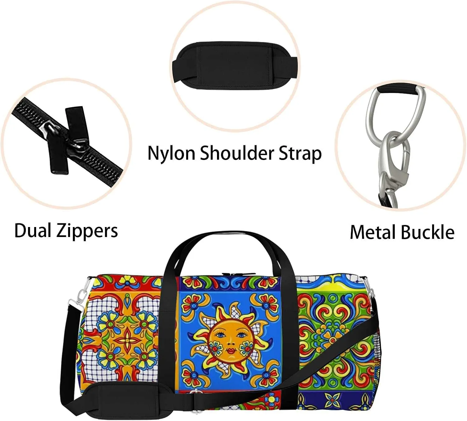 Sports Gym Bag for Women and Men Waterproof Mexican Talavera Pattern Duffel Bag Lightweight Carryon Traveling Boarding Gripsack