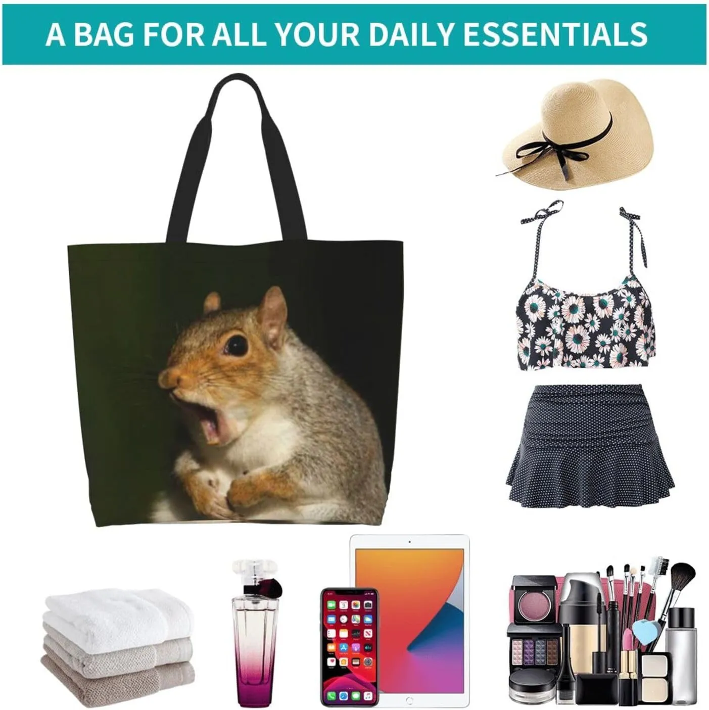 Squirrel Canvas Tote Bag Cute Shoulder Bag Handbag Casual Animal Grocery Bags Cute Animals Bag for Outdoor