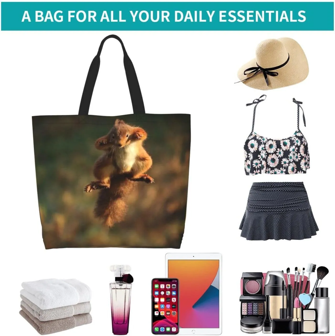 Squirrel Canvas Tote Bag Cute Shoulder Bag Handbag Casual Animal Grocery Bags Cute Animals Bag for Outdoor