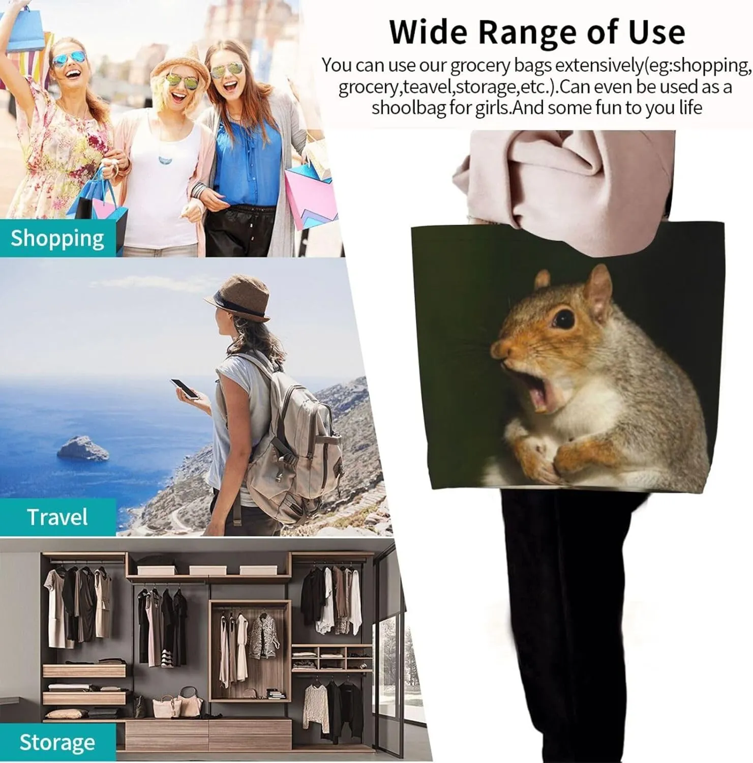 Squirrel Canvas Tote Bag Cute Shoulder Bag Handbag Casual Animal Grocery Bags Cute Animals Bag for Outdoor