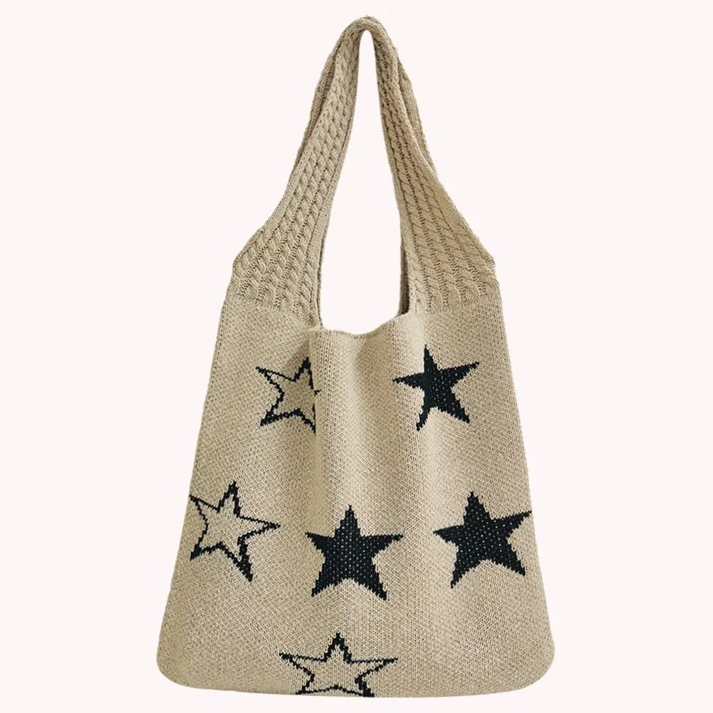 Star Crochet Tote Bag Mesh Knitted Bag Large Shoulder Bag Hobo Bag Aesthetic Knit Bag for Women Work Shopping Travel