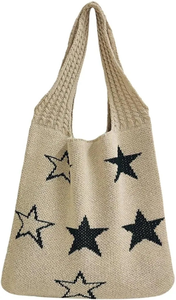 Star Crochet Tote Bag Mesh Knitted Bag Large Shoulder Bag Hobo Bag Aesthetic Knit Bag for Women Work Shopping Travel
