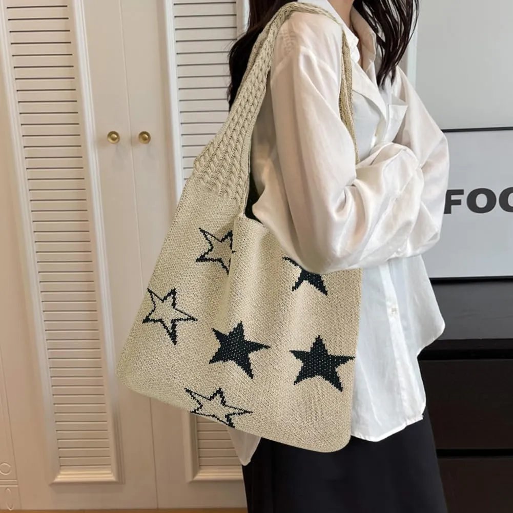Star Crochet Tote Bag Mesh Knitted Bag Large Shoulder Bag Hobo Bag Aesthetic Knit Bag for Women Work Shopping Travel