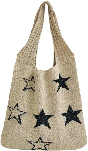 Star Crochet Tote Bag Mesh Knitted Bag Large Shoulder Bag Hobo Bag Aesthetic Knit Bag for Women Work Shopping Travel