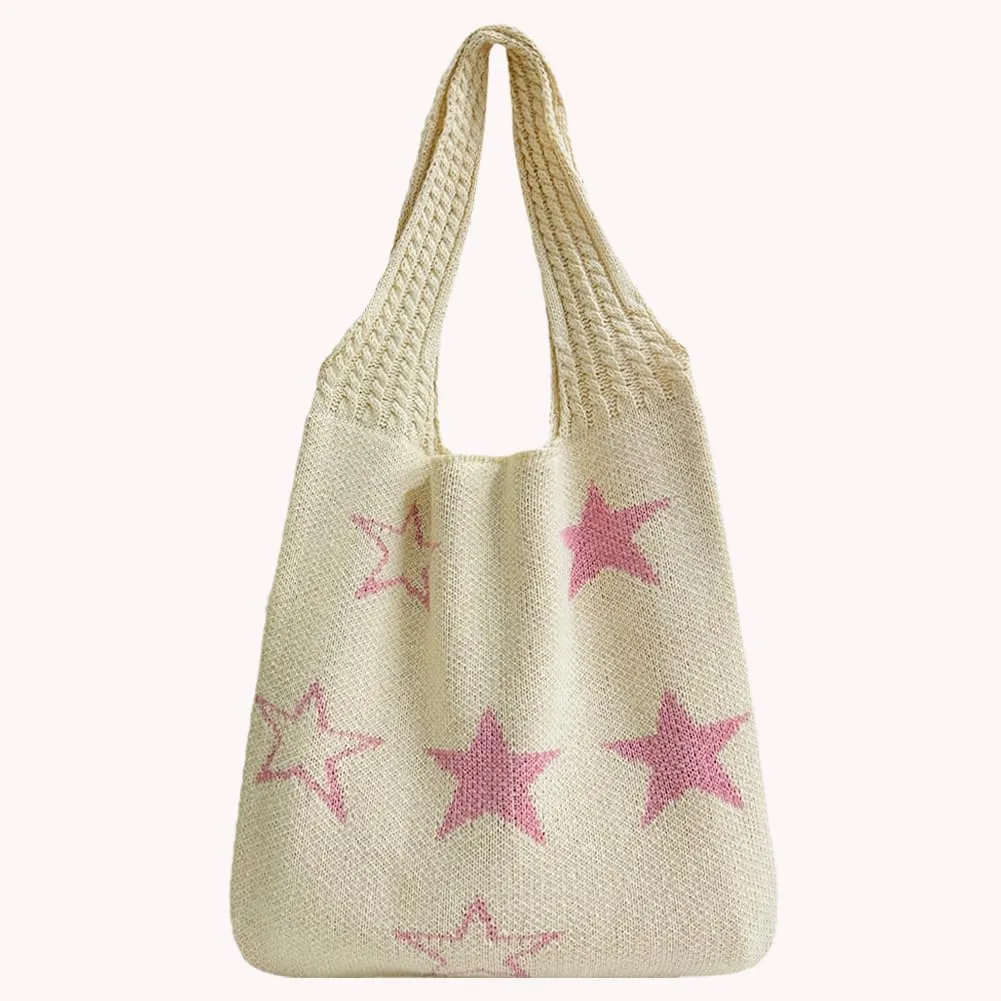 Star Crochet Tote Bag Mesh Knitted Bag Large Shoulder Bag Hobo Bag Aesthetic Knit Bag for Women Work Shopping Travel