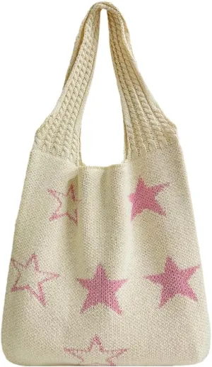 Star Crochet Tote Bag Mesh Knitted Bag Large Shoulder Bag Hobo Bag Aesthetic Knit Bag for Women Work Shopping Travel