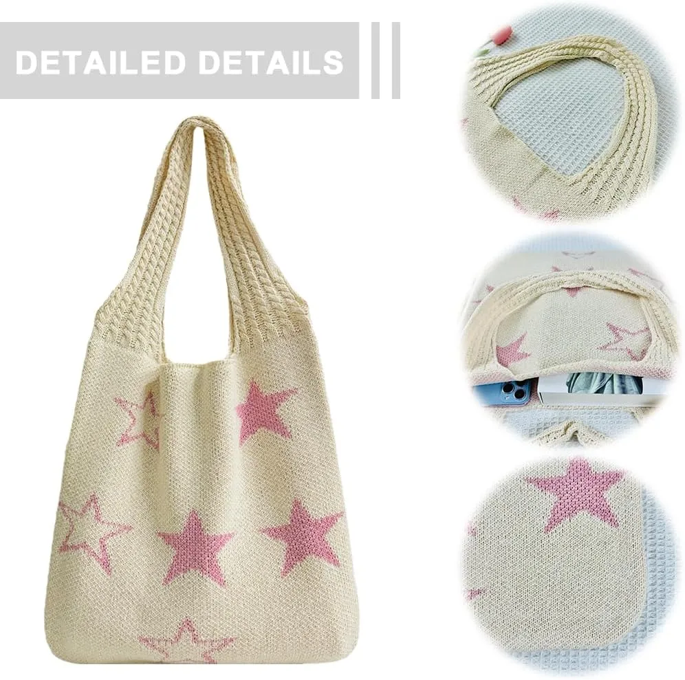 Star Crochet Tote Bag Mesh Knitted Bag Large Shoulder Bag Hobo Bag Aesthetic Knit Bag for Women Work Shopping Travel