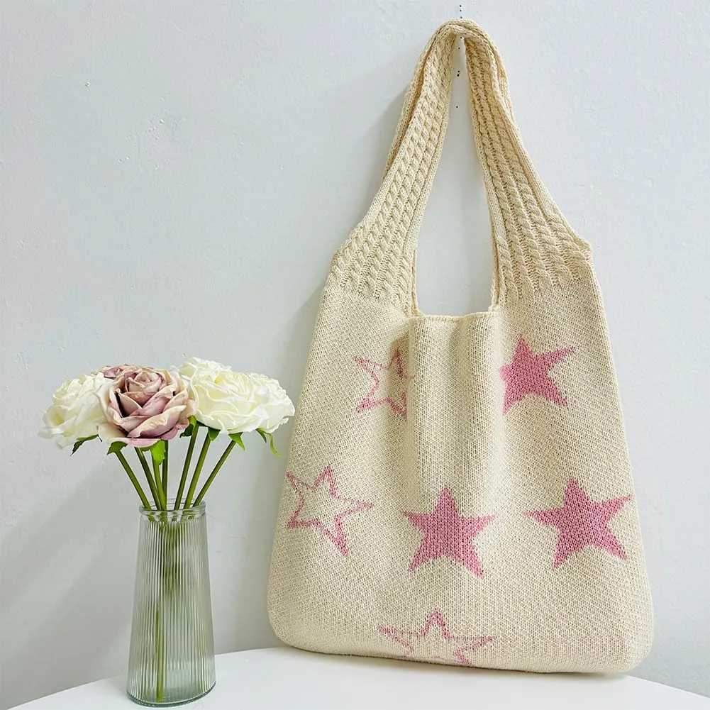 Star Crochet Tote Bag Mesh Knitted Bag Large Shoulder Bag Hobo Bag Aesthetic Knit Bag for Women Work Shopping Travel