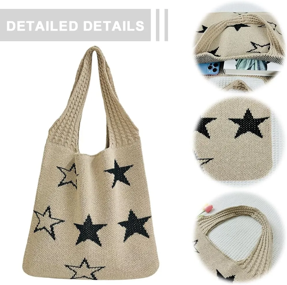 Star Crochet Tote Bag Mesh Knitted Bag Large Shoulder Bag Hobo Bag Aesthetic Knit Bag for Women Work Shopping Travel