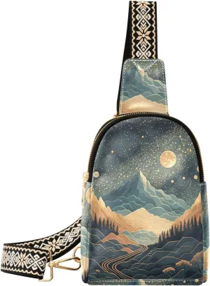 Starry Night Sky Flat Print Women Sling Bag with Adjustable Strap Zipper Closure, PU Leather Water Resistant Crossbody Bag Purse Chest Bag