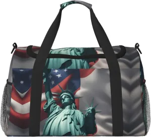 Statue of Liberty Flag Print Travel Duffle Bag Large Capacity Tote Stylish Weekender Bag for Outdoor Activities