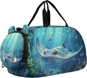 Stingray Fish in The Underwater World Sports Duffle Bag for Teens Girls Boys, Gym Bag with Shoe Compartment, Kids Travel Overnight Weekender Shoulder Bag