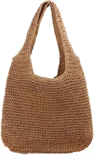 Straw Beach Bags for Women,Summer Soft Large Woven Shoulder Handbag,Hobo Tote Bag for Vacation Swim Shopping Travel
