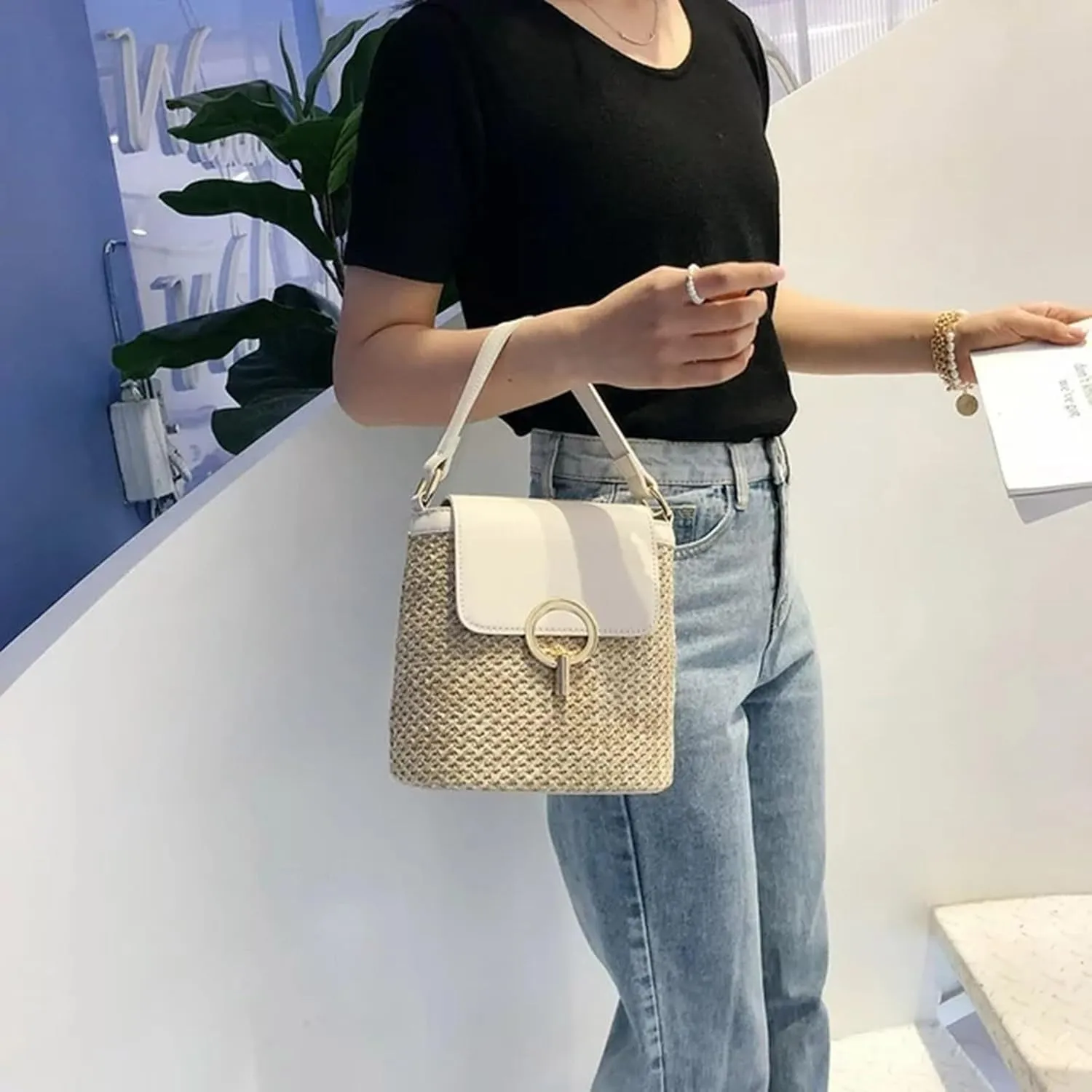 Straw Weave Women Ladies Bucket Handbags Summer Beach Shoulder Bags Mini Messenger Bag (B, One Size)