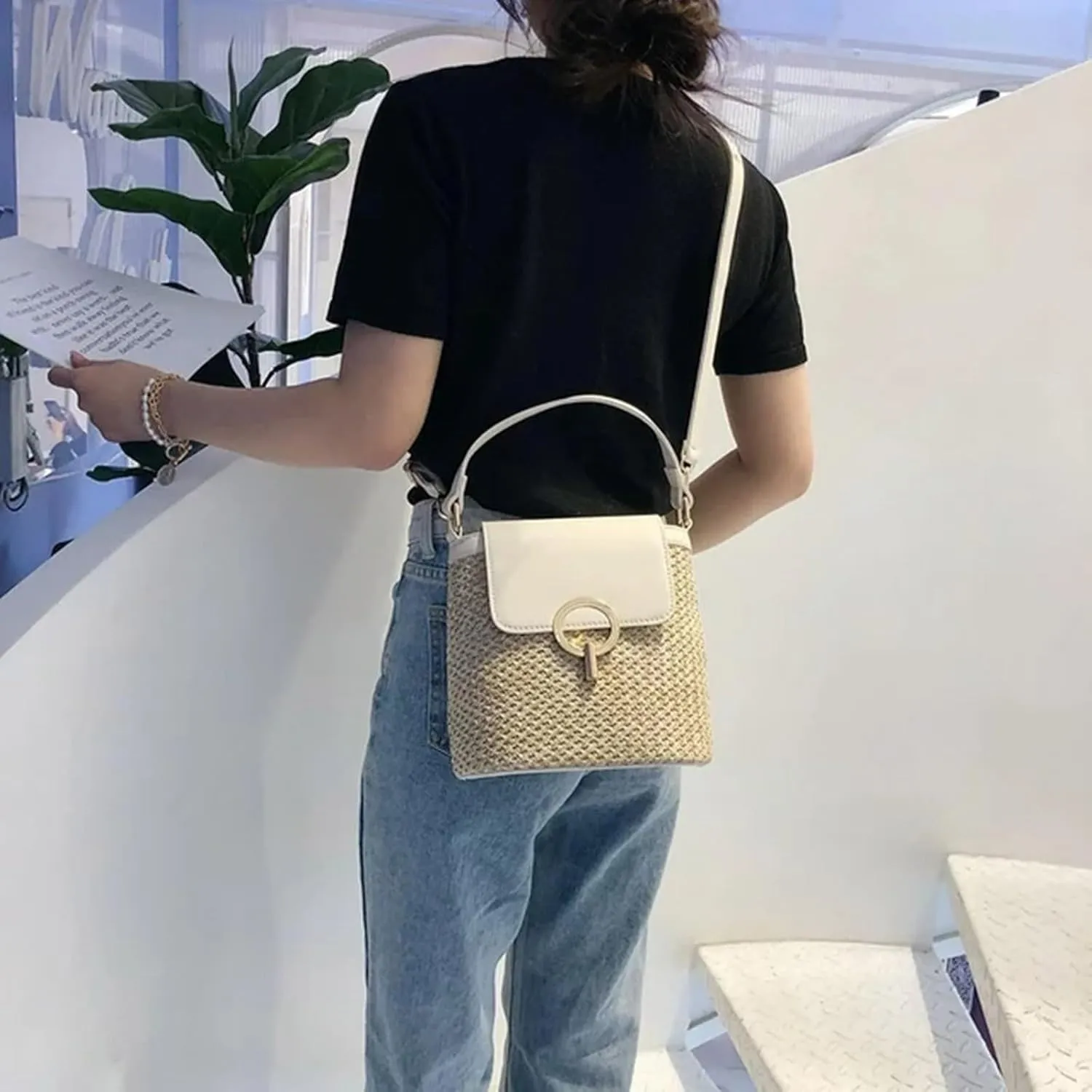 Straw Weave Women Ladies Bucket Handbags Summer Beach Shoulder Bags Mini Messenger Bag (B, One Size)