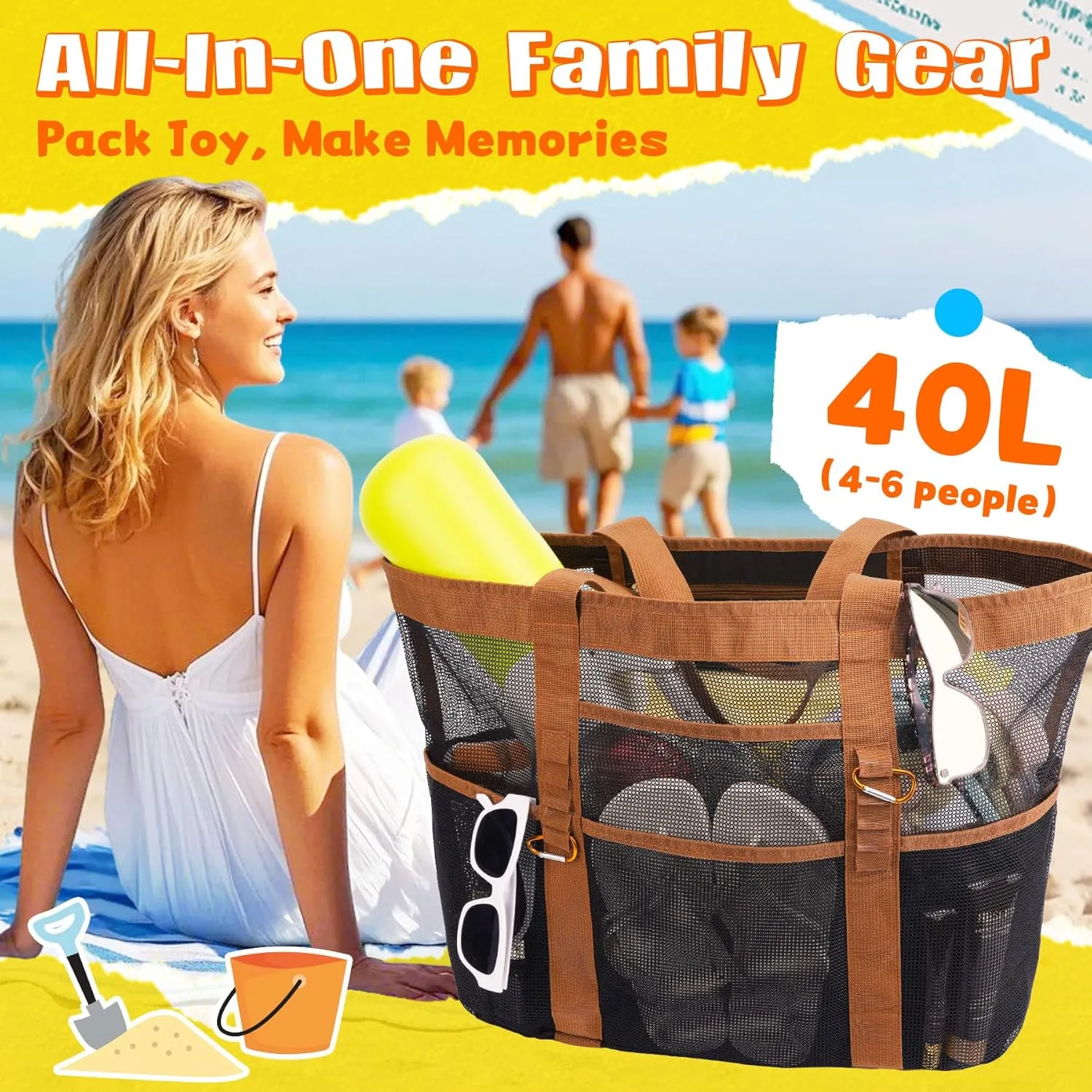 Stylish & Spacious XX-Large Beach Bag for Women – 12 Pockets, Foldable & Lightweight Mesh Tote, Includes 2 Carabiners