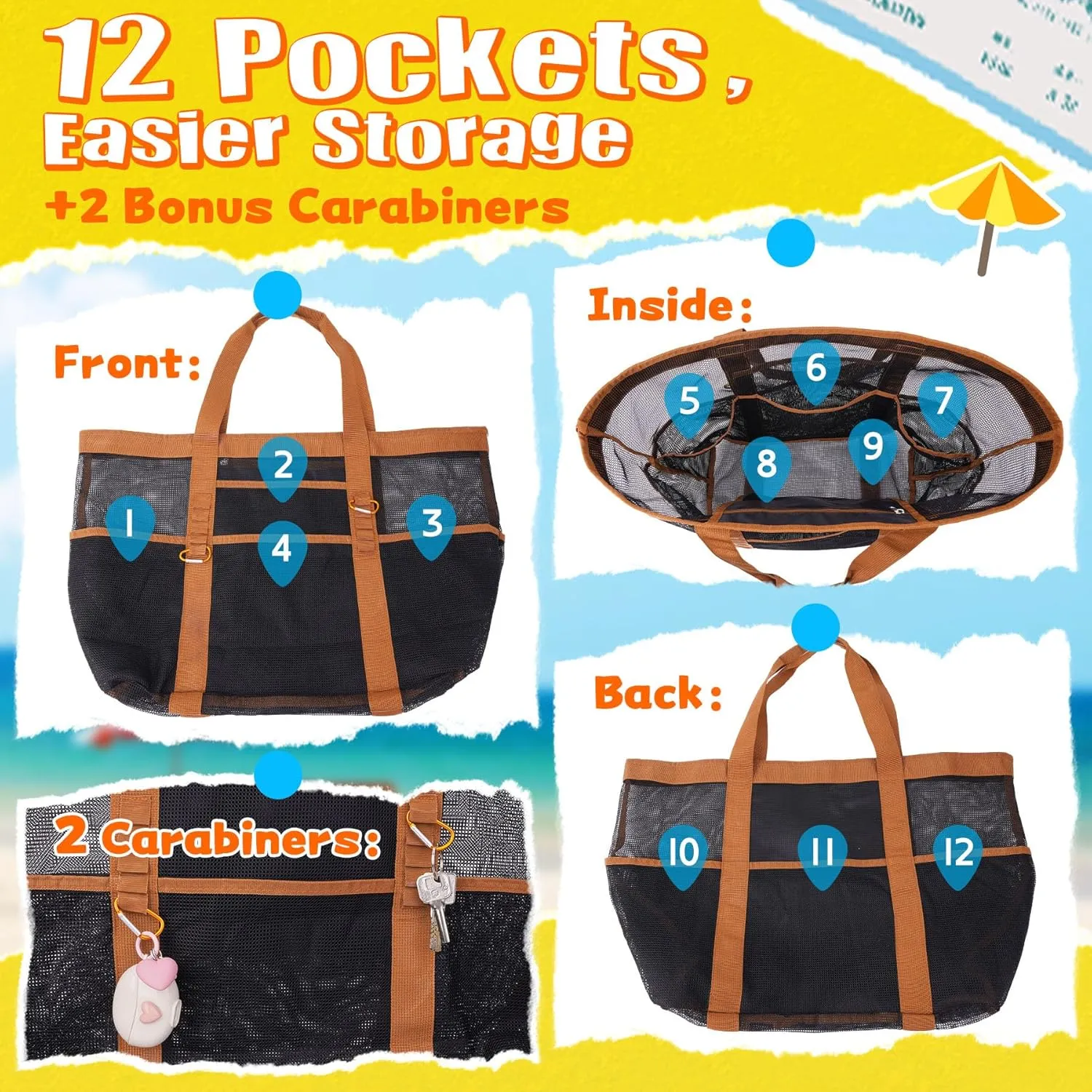 Stylish & Spacious XX-Large Beach Bag for Women – 12 Pockets, Foldable & Lightweight Mesh Tote, Includes 2 Carabiners