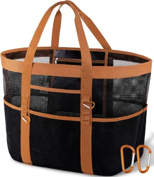 Stylish & Spacious XX-Large Beach Bag for Women – 12 Pockets, Foldable & Lightweight Mesh Tote, Includes 2 Carabiners