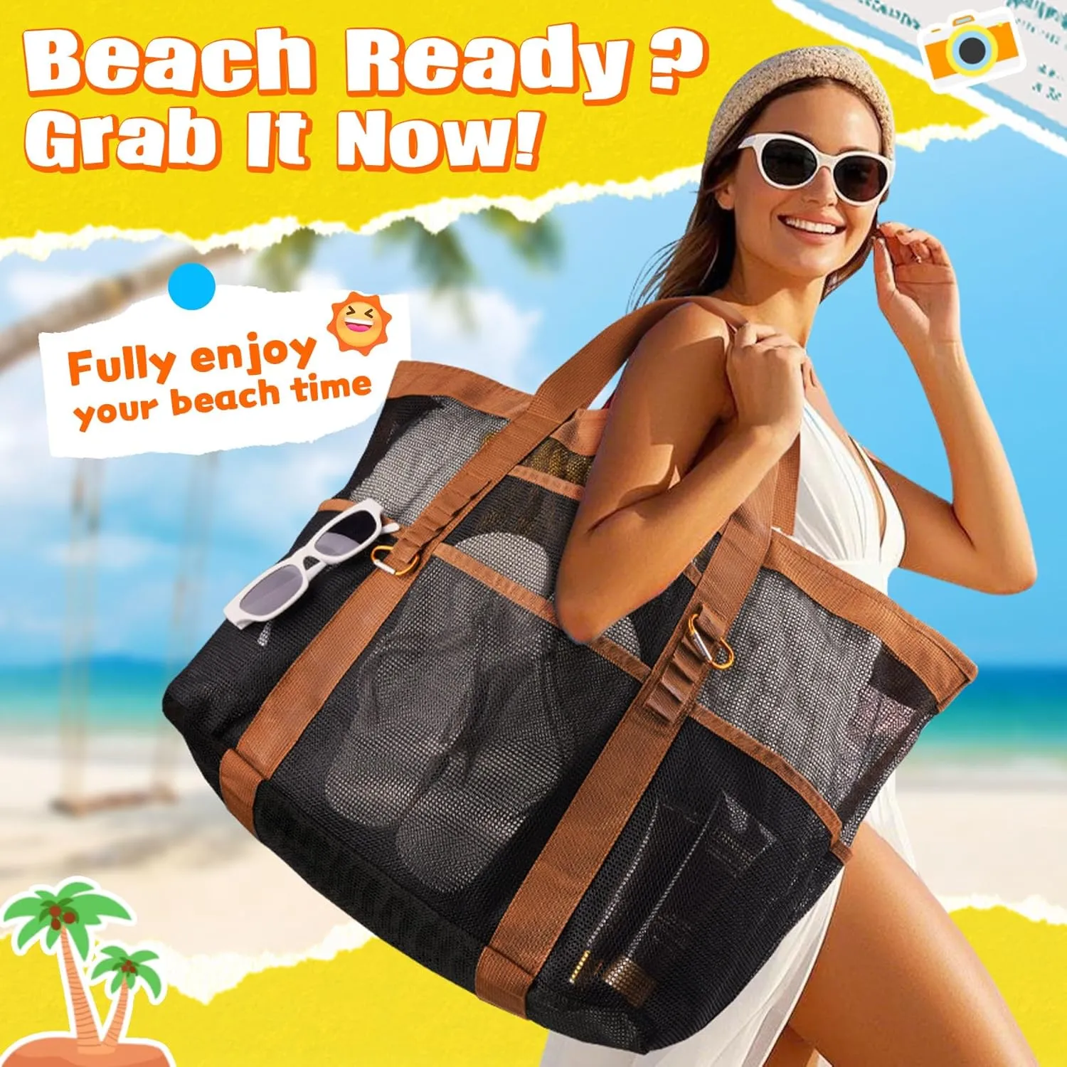 Stylish & Spacious XX-Large Beach Bag for Women – 12 Pockets, Foldable & Lightweight Mesh Tote, Includes 2 Carabiners