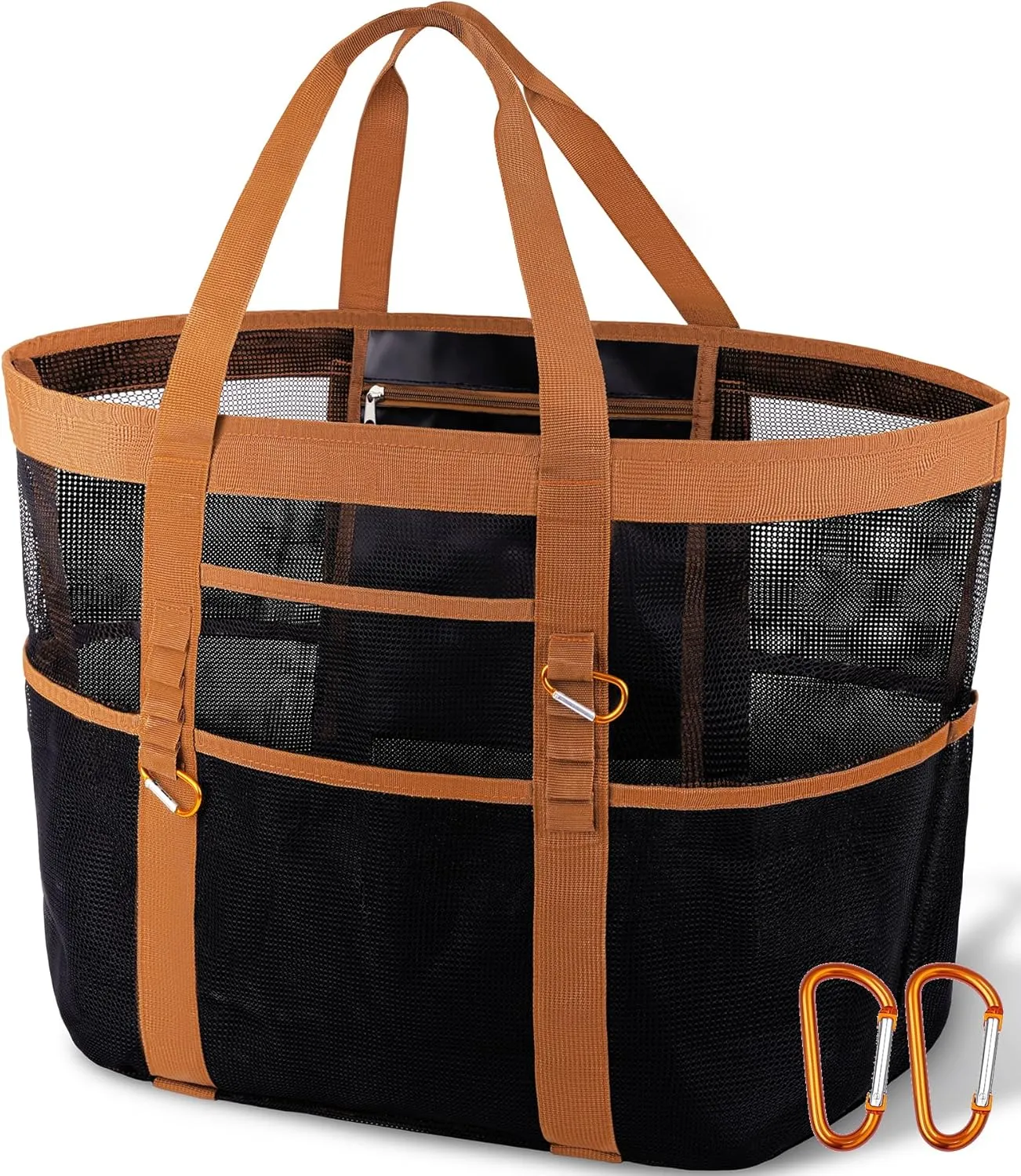 Stylish & Spacious XX-Large Beach Bag for Women – 12 Pockets, Foldable & Lightweight Mesh Tote, Includes 2 Carabiners