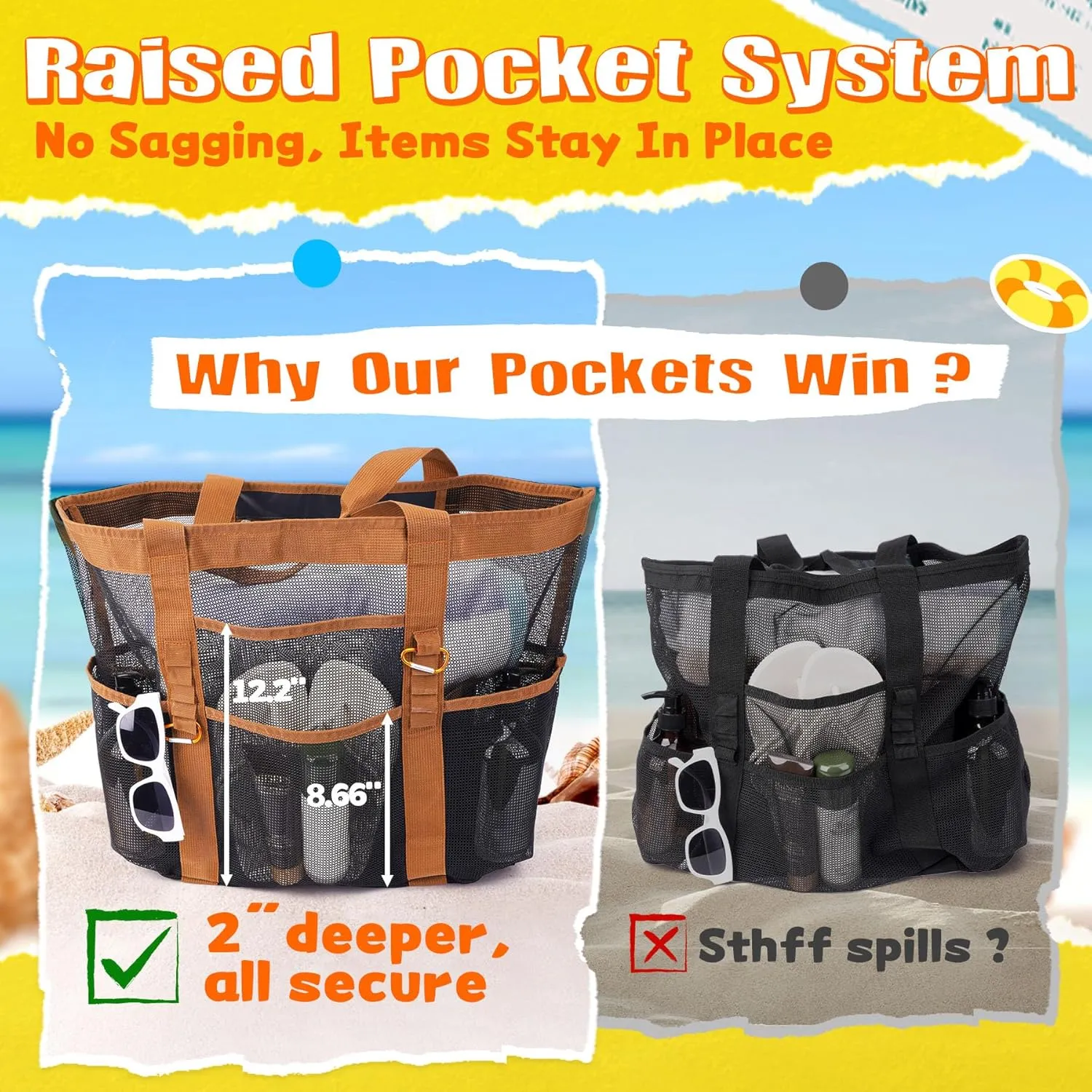 Stylish & Spacious XX-Large Beach Bag for Women – 12 Pockets, Foldable & Lightweight Mesh Tote, Includes 2 Carabiners