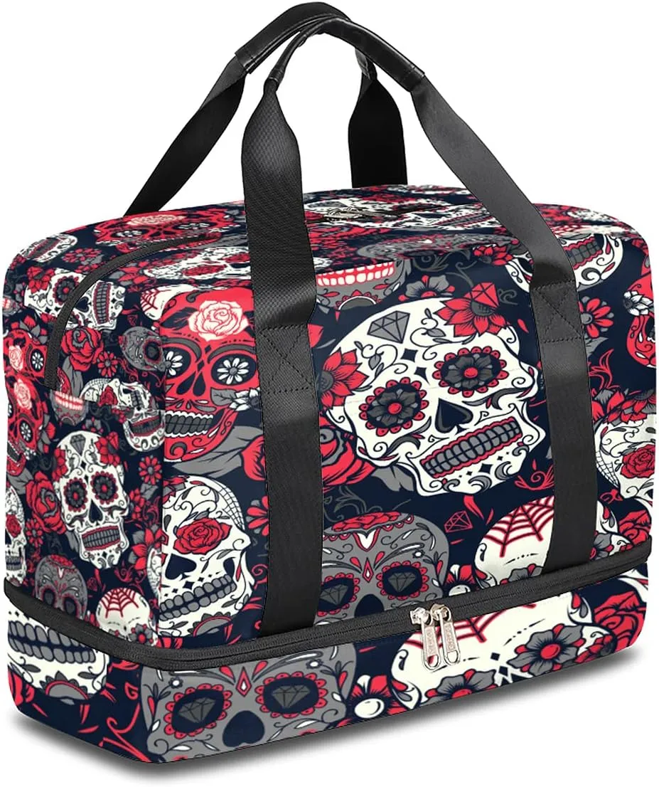 Sugar Skull Sports Gym Bag with Shoes Compartment,Flower Rose Halloween Floral Travel Duffel Bag for Men Women Boys Girls Teens Overnight Weekend Yoga Workout Bag Training Handbag