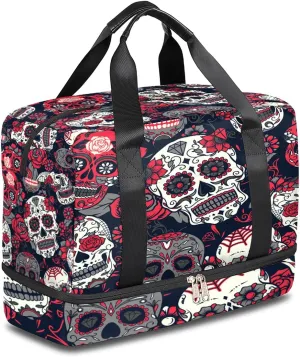 Sugar Skull Sports Gym Bag with Shoes Compartment,Flower Rose Halloween Floral Travel Duffel Bag for Men Women Boys Girls Teens Overnight Weekend Yoga Workout Bag Training Handbag