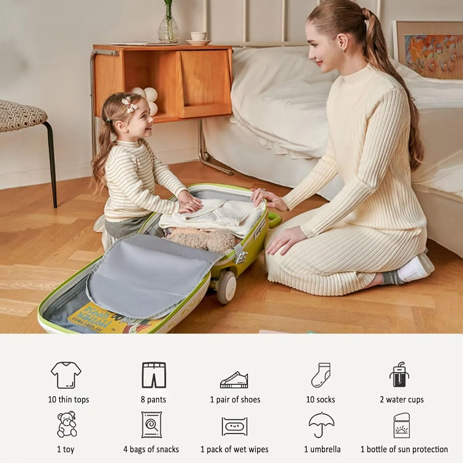 Suitcase for Children Ride-on 45L Trolley Case Kids Cabin Bag 220lb Load-Bearing Hand Luggage with Thickened Base Detachable Pram for Ages 2-10 Holiday Travel Birthday Gift