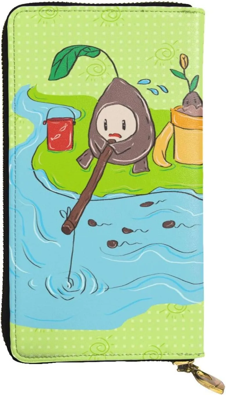 Sunflower seeds fishing picture Leather long clutch wallet : Comfortable, lightweight, waterproof, durable 7.48 x 4.13 in