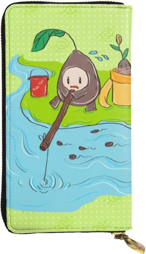 Sunflower seeds fishing picture Leather long clutch wallet : Comfortable, lightweight, waterproof, durable 7.48 x 4.13 in