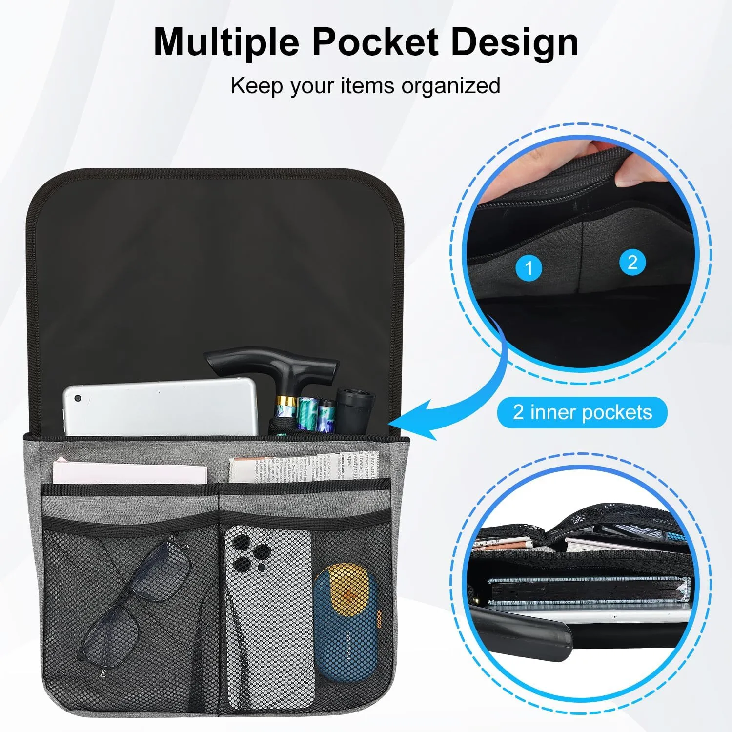 supregear Wheelchair Side Bag, Multifunctional Side Storage Pouch for Rollator, Walkers, Power Wheelchairs and Knee Scooters Wheelchair Armrest Bag for Elderly Seniors Adults Portable Travel Tote