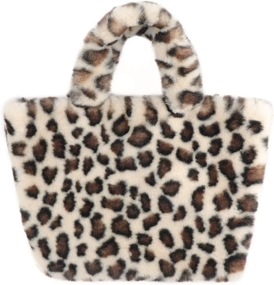 surell - Faux Rex Rabbit Fur Leopard Print Handbag - Small Fuzzy Tote Bag