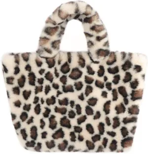 surell - Faux Rex Rabbit Fur Leopard Print Handbag - Small Fuzzy Tote Bag
