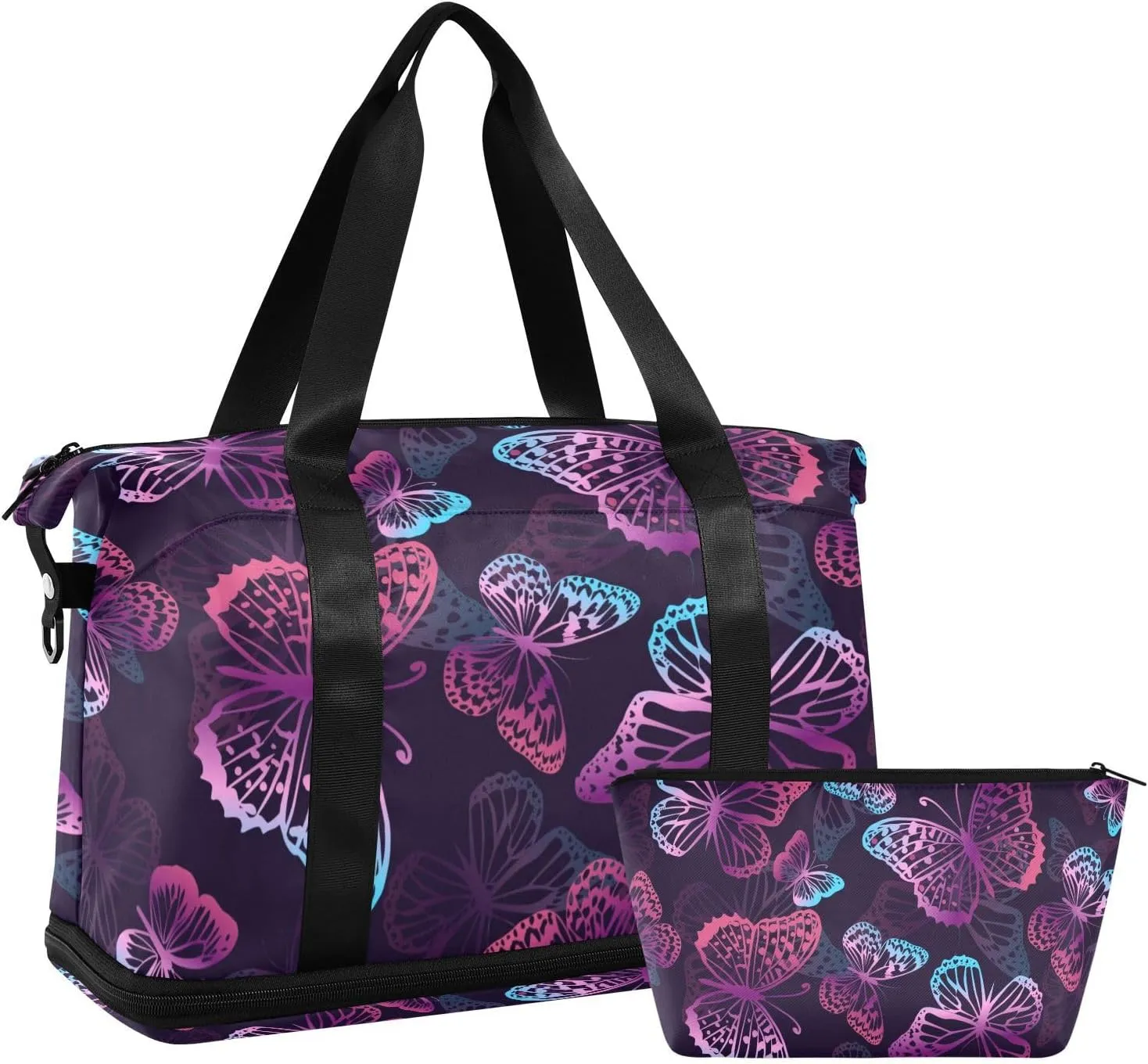 susiyo Travel Duffel Bags for Women, Purple and Neon Butterflies Sports Duffel Bags Gym Bags with Shoes Compartment, Tote Bag Weekender Bag for Travelling