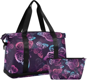 susiyo Travel Duffel Bags for Women, Purple and Neon Butterflies Sports Duffel Bags Gym Bags with Shoes Compartment, Tote Bag Weekender Bag for Travelling