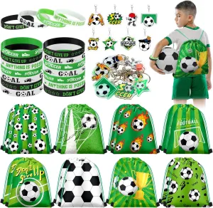 Talltalk 48 Pcs Soccer Party Favors Gifts Sets Soccer Team Gifts Include 16 Sets Drawstring Backpack Goodie Bags Stuffers Candy Snack Bags Wristband Keychains for Sports Birthday Party Supplies Decor