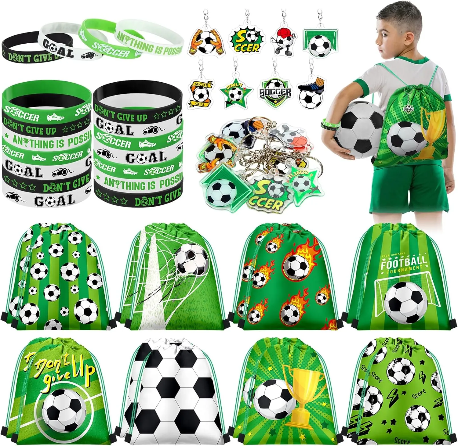 Talltalk 48 Pcs Soccer Party Favors Gifts Sets Soccer Team Gifts Include 16 Sets Drawstring Backpack Goodie Bags Stuffers Candy Snack Bags Wristband Keychains for Sports Birthday Party Supplies Decor