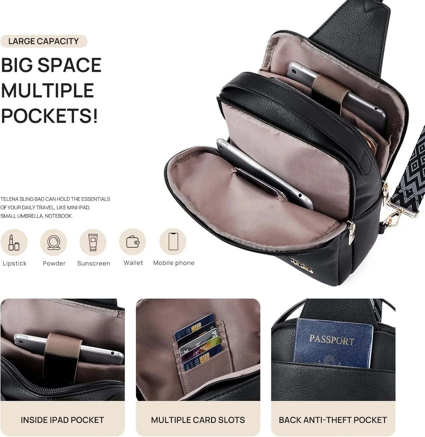 Telena Crossbody Sling Bags for Women, PU Leather Fanny Packs Cross Body Bag for Woman