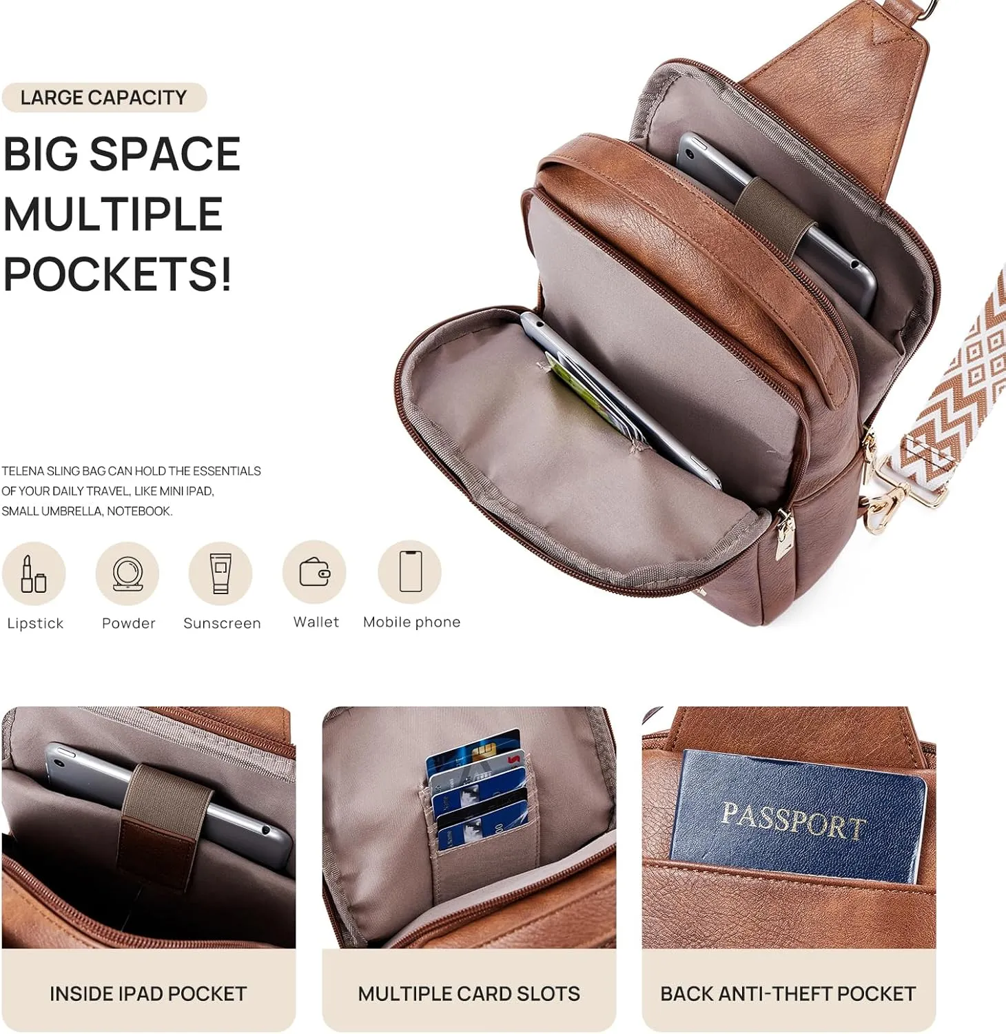 Telena Crossbody Sling Bags for Women, PU Leather Fanny Packs Cross Body Bag for Woman