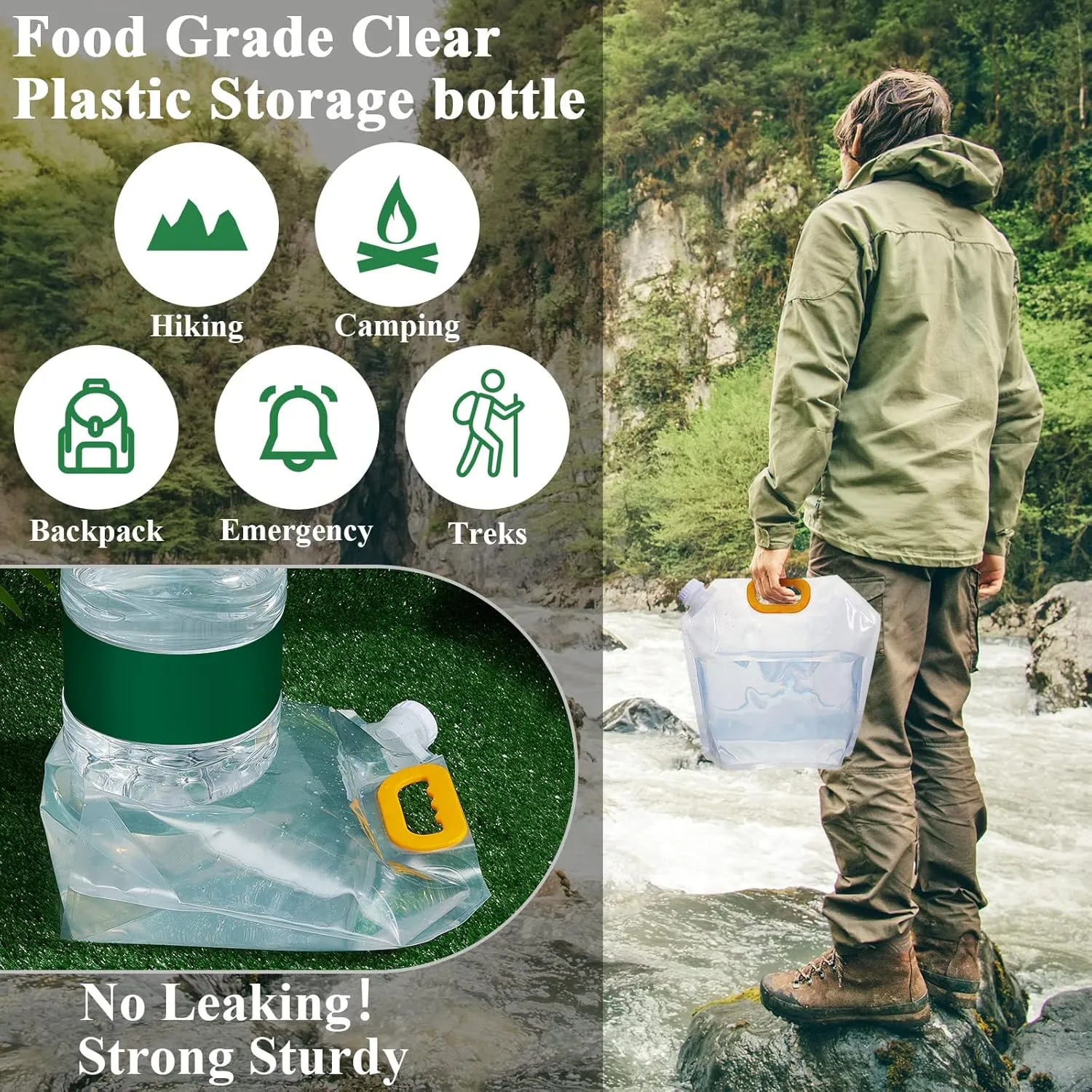 Tessco 12 Pack 1.3 Gallon Collapsible Water Storage Bag Water Container Bag Emergency Jug Foldable Plastic Storage Pouch Freezable Carrier Tank for Outdoor Sport Camping(Clear,Classic)