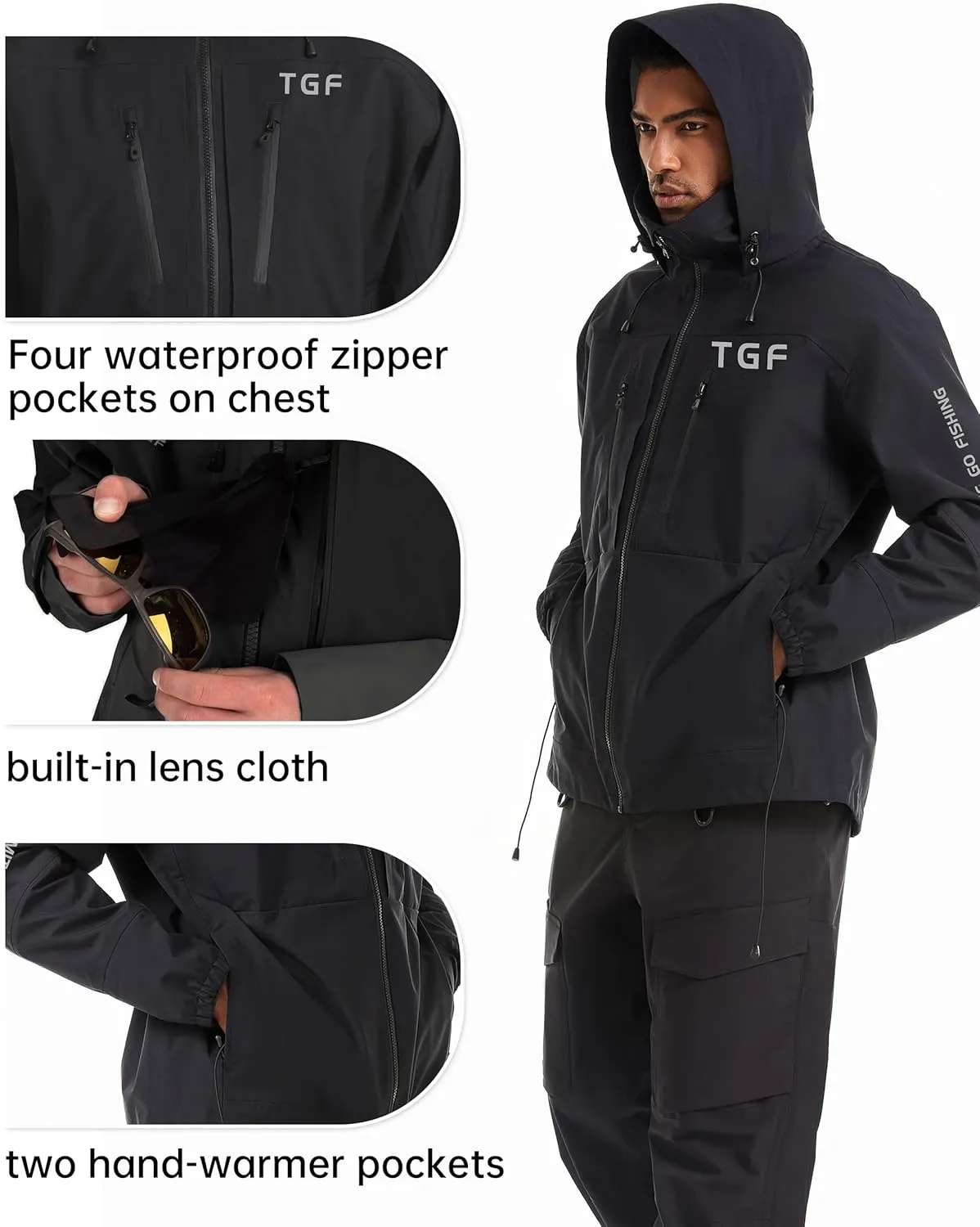 TGF Men's 8 Pockets Lightweight Breathable Fishing Wading Rain Jacket Waterproof Shell for Outdoor Foul Weather