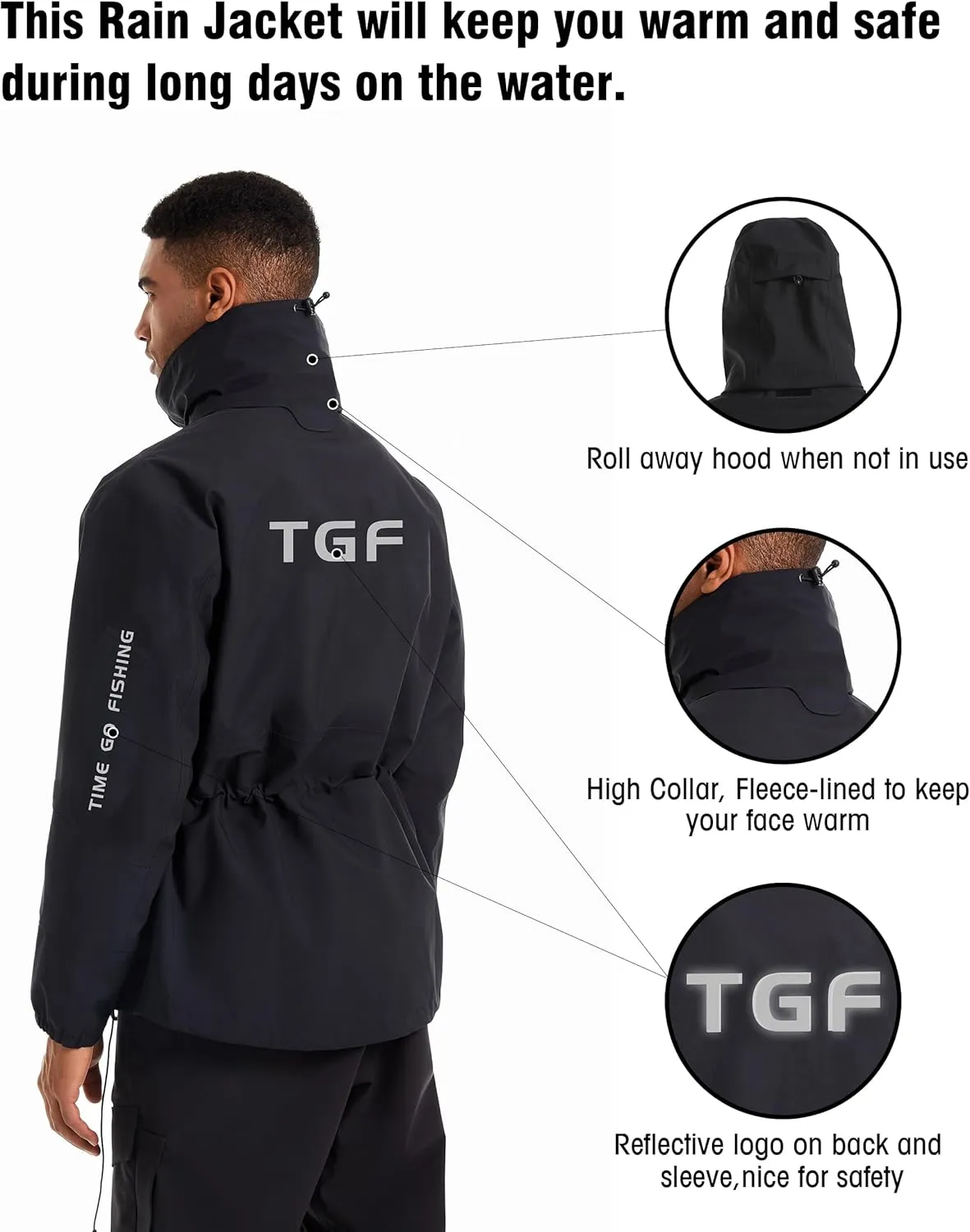 TGF Men's 8 Pockets Lightweight Breathable Fishing Wading Rain Jacket Waterproof Shell for Outdoor Foul Weather